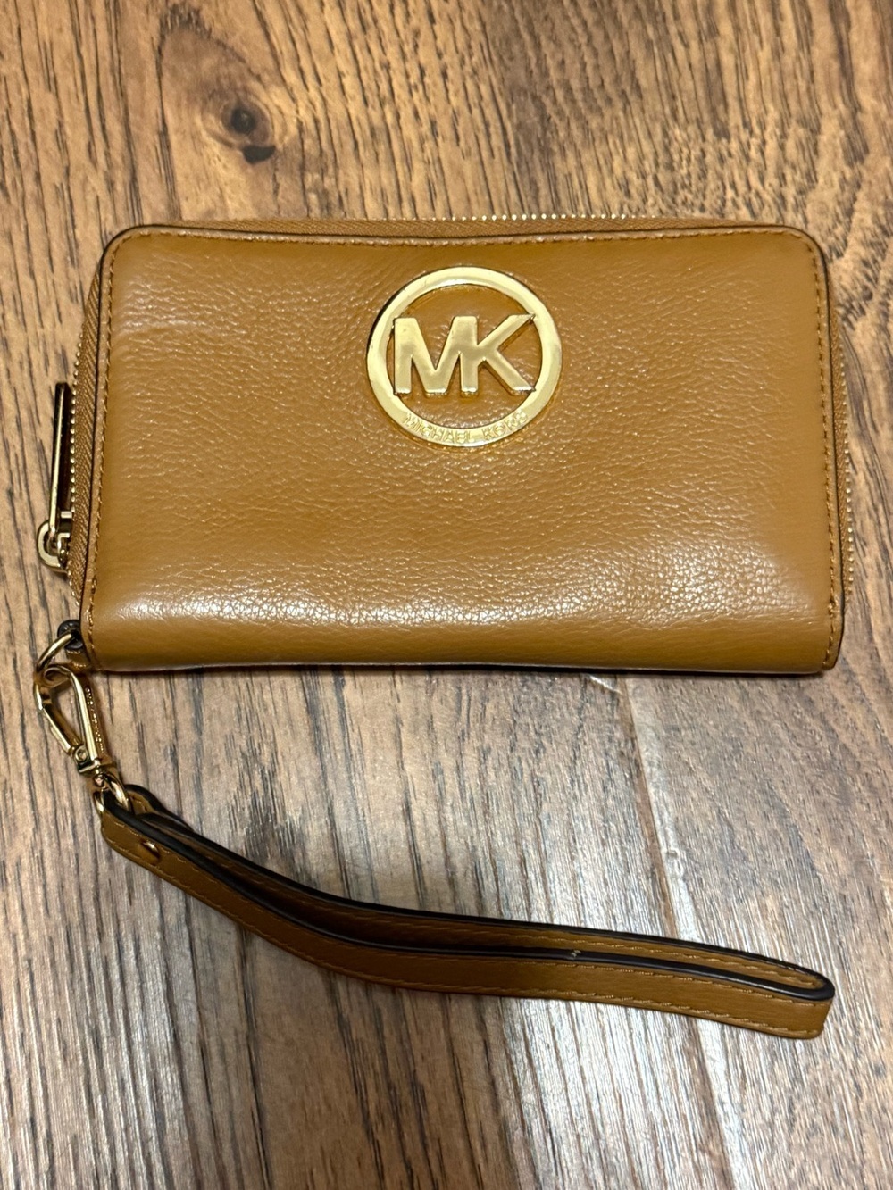 Michael Kors Tan Brown Leather MK Logo Zip Wristlet